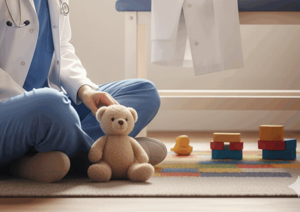 רופאה יושבת על שטיח ומחזיקה בובת דובי ולידה מגדל קוביות